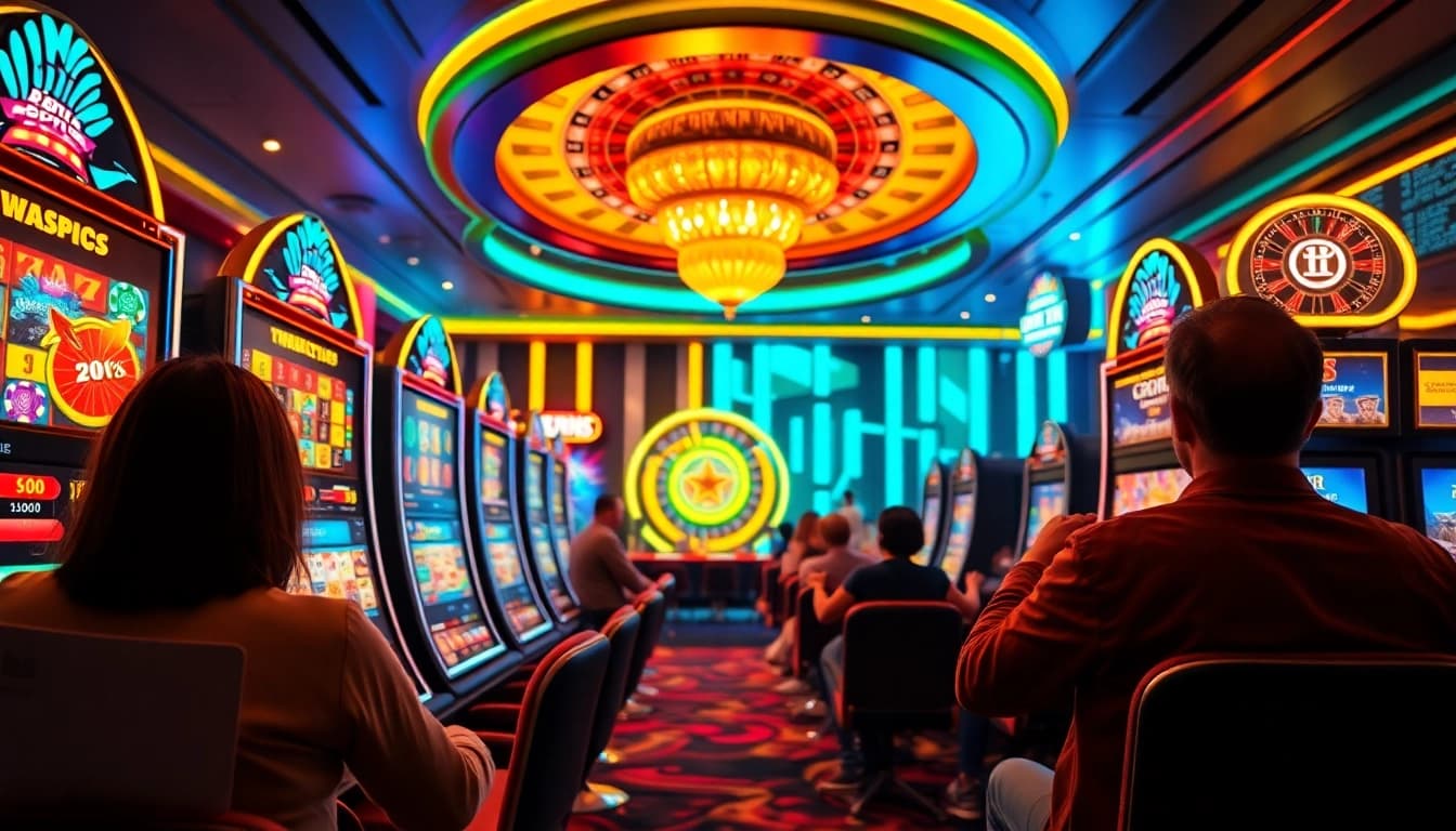Players enjoying slot qris 10k gameplay in an exciting online casino setting with vibrant lights and modern technology.