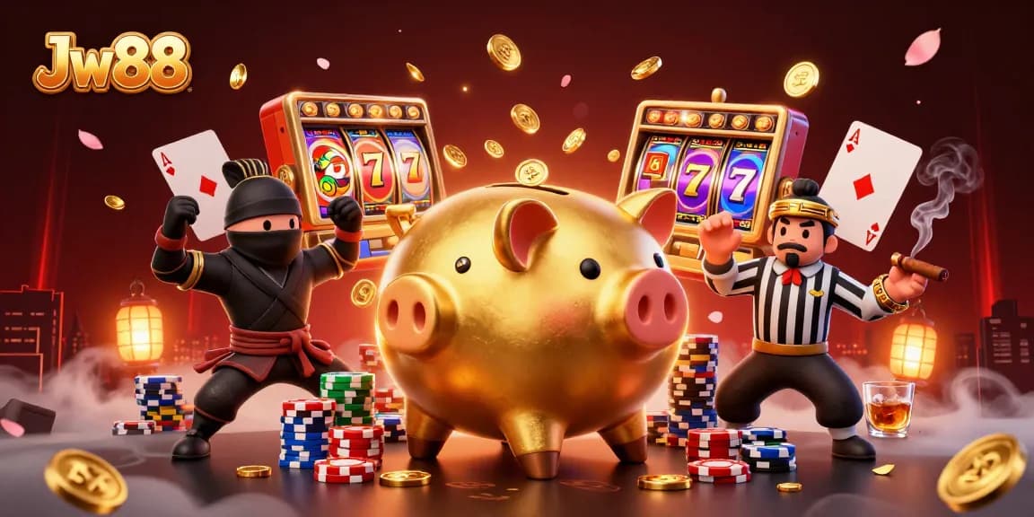 Experience thrilling Jw88 slot action in a dynamic 3D casino illustration, featuring vibrant characters and elements.
