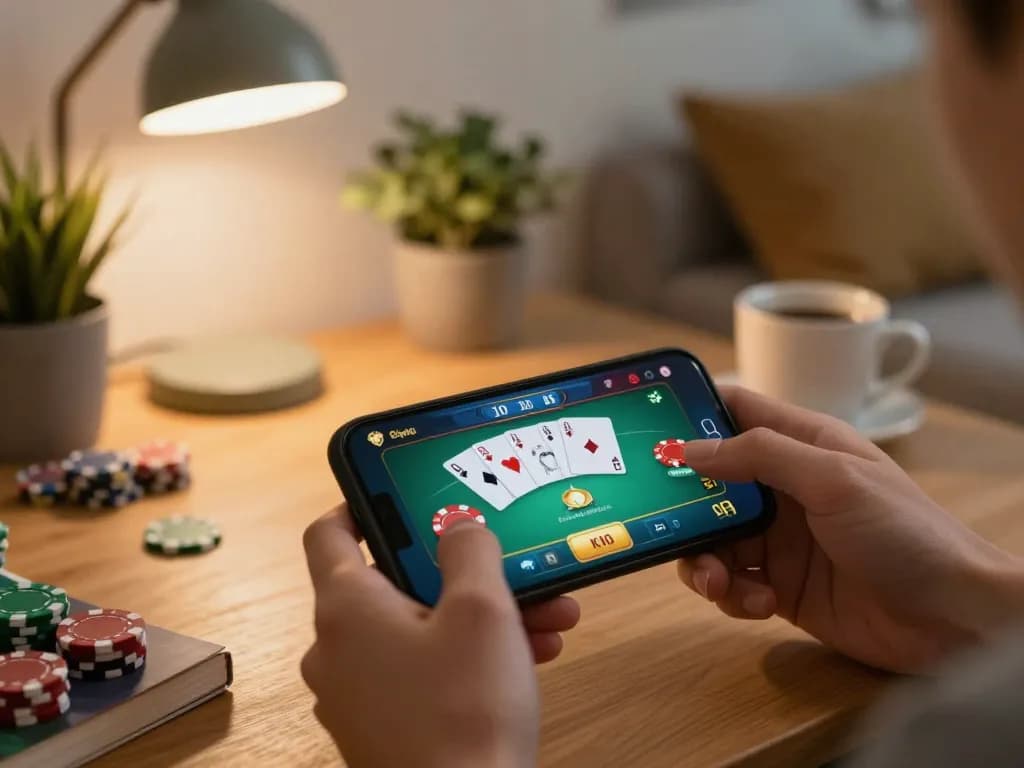 Pemain menggunakan smartphone untuk permainan poker sambil menikmati suasana rumah yang nyaman, meningkatkan pengalaman spaceman mereka.