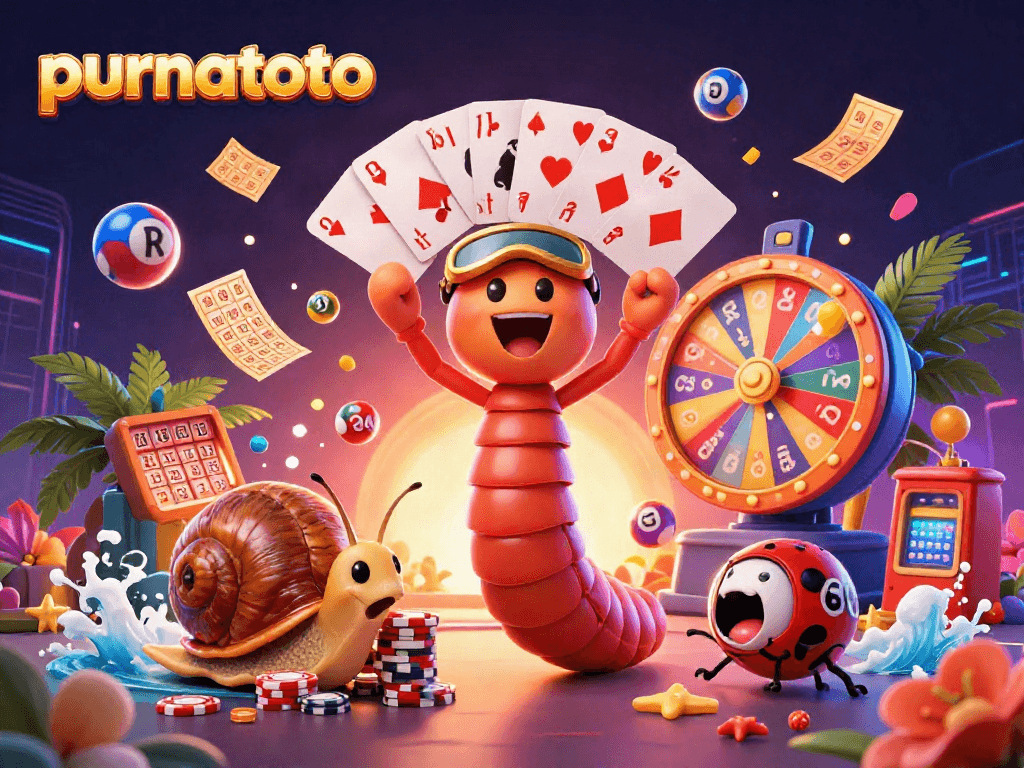 Mainkan permainan kasino di purnatoto dengan dealer kartun dan bola lotere berwarna-warni.