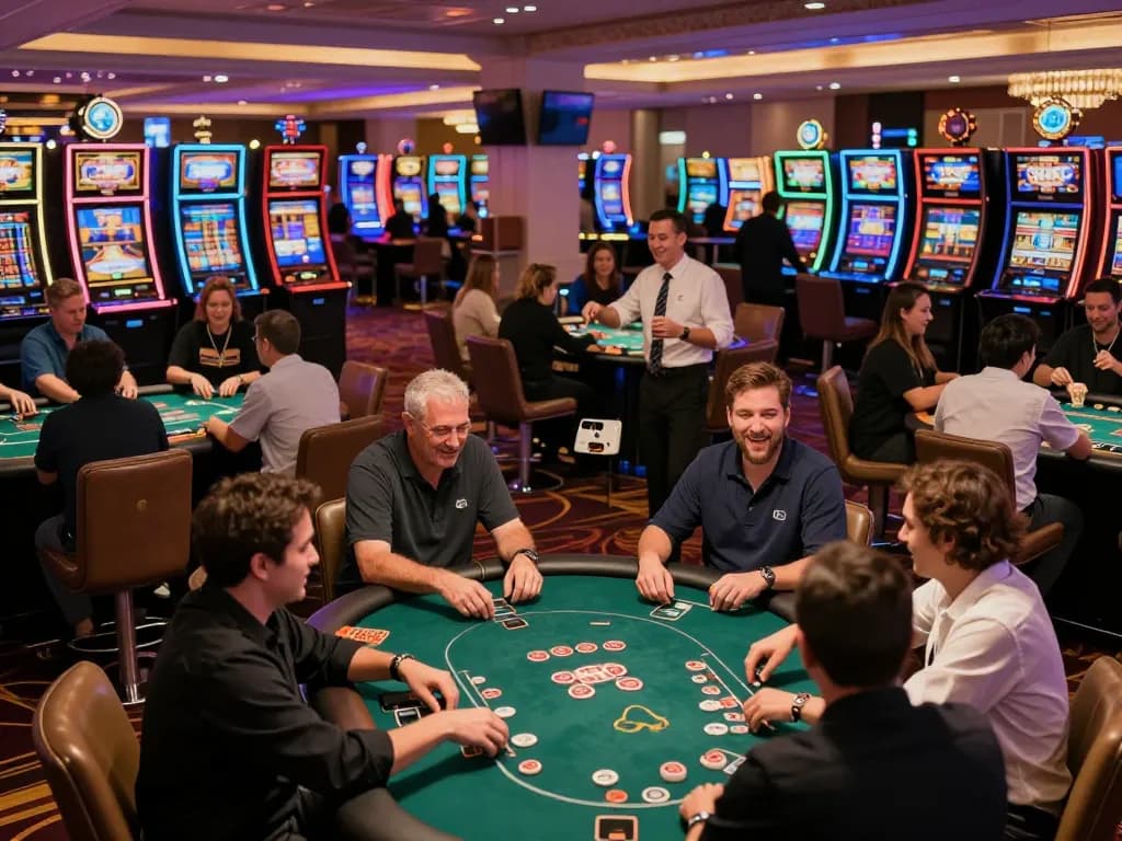 KJC casino players enjoying vibrant poker and blackjack games amidst a lively atmosphere.
