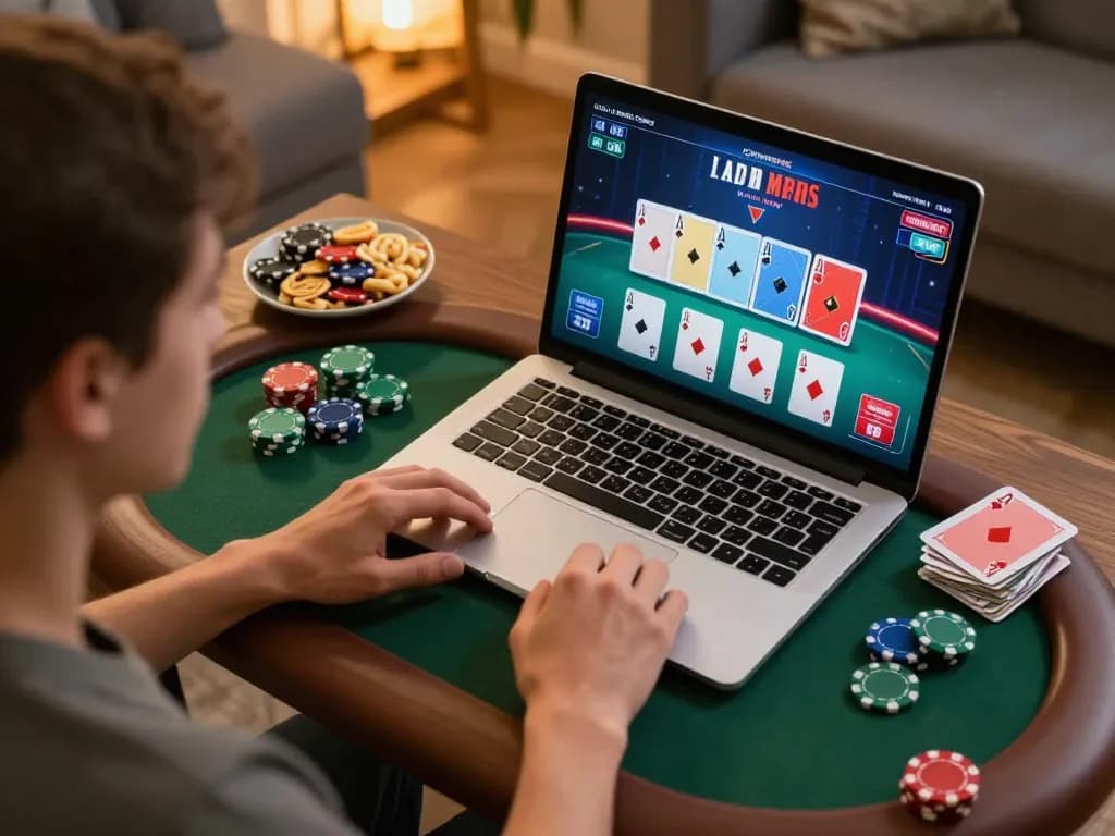 Engaging in daftar Sepuhplay with a dynamic online poker game setup on a cozy home laptop.