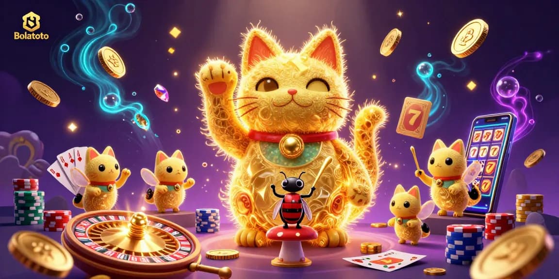 Experience the excitement of Bolatoto as golden fireflies form a waving lucky cat amidst vibrant casino symbols.