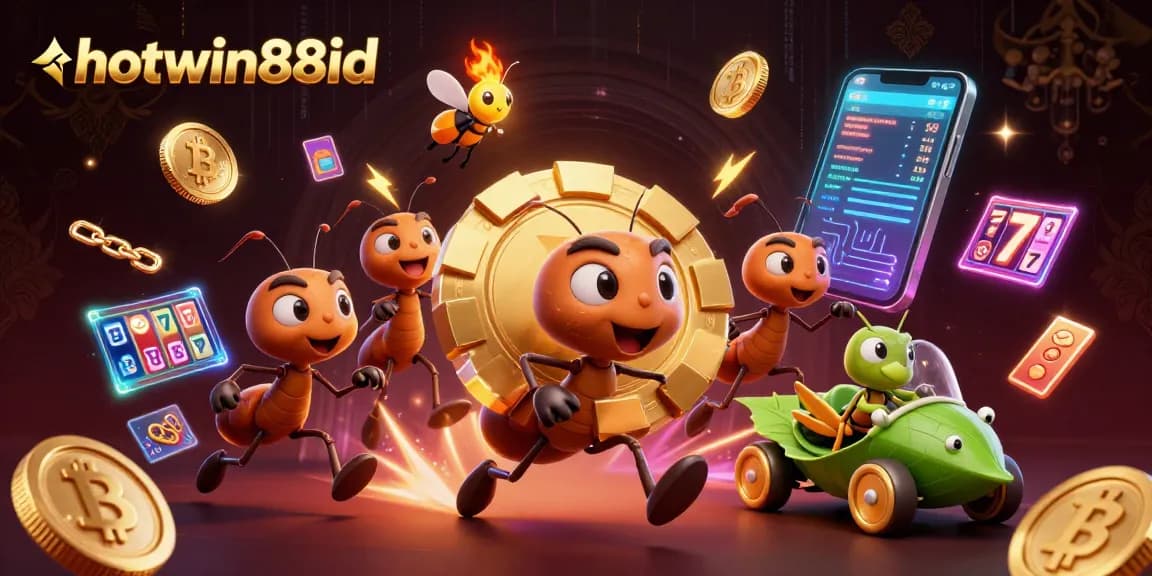 Experience big wins with hotwin88id while cartoon ants carry a massive poker chip through a vibrant casino scene