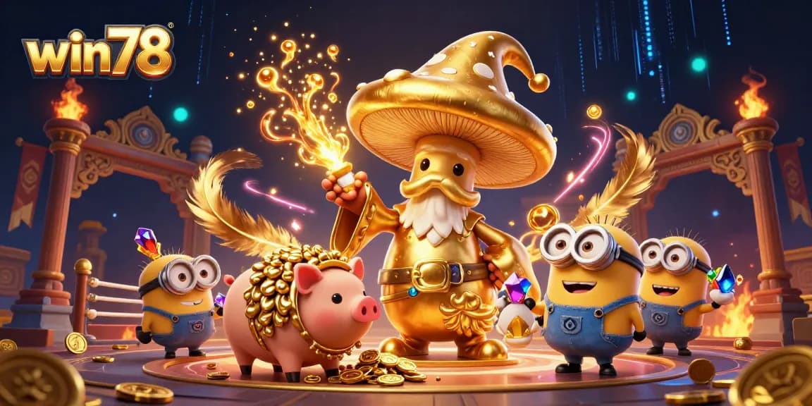 Win78 sports betting illustration featuring a magical mushroom wizard surrounded by vibrant casino elements.