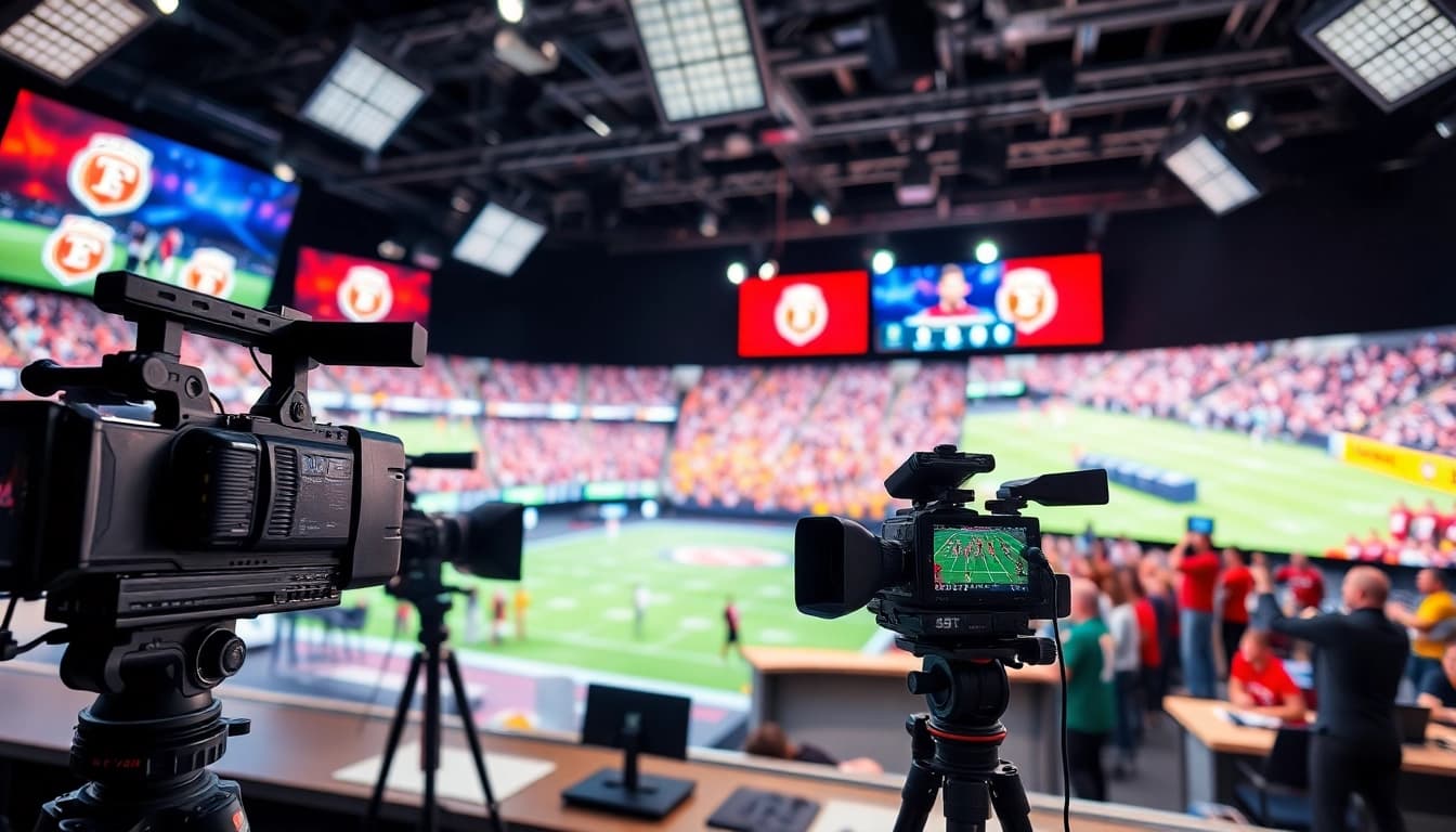 Engaging scene of sports broadcasting studio showcasing vibrant displays and dynamic atmosphere.