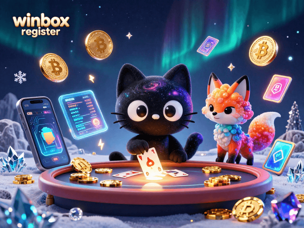 Winbox register at a vibrant casino table featuring cosmic characters and crypto elements.