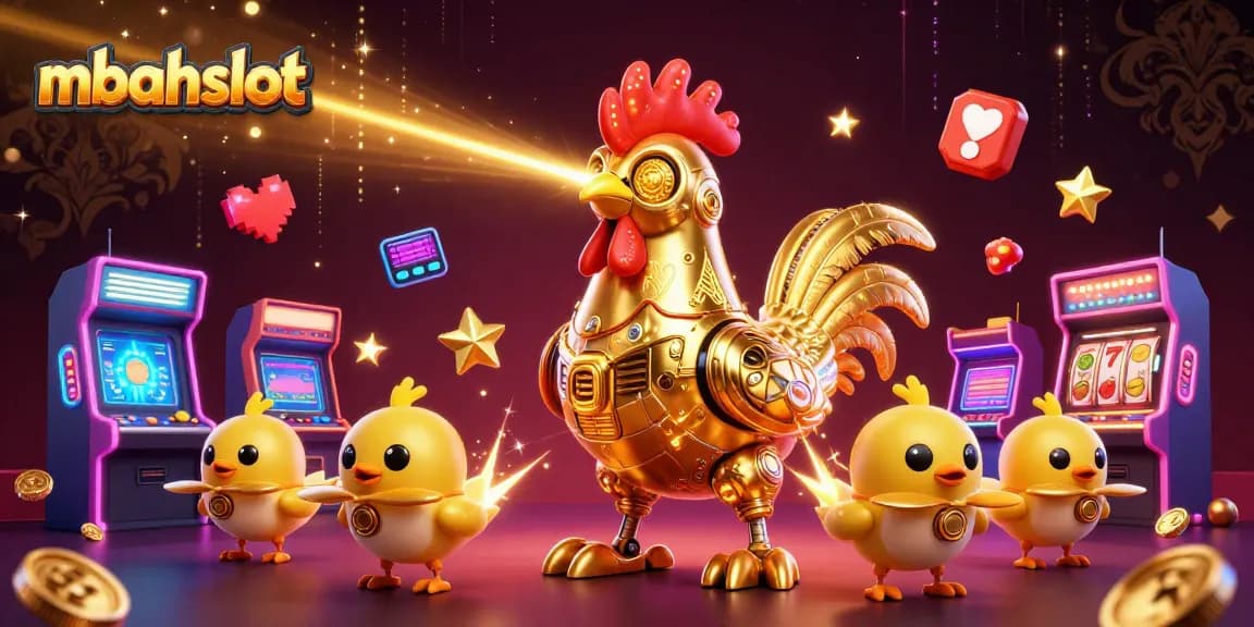 Beraksi di dunia mbahslot dengan robot ayam emas futuristik dan drone ayam kecil sambil bermain game arcade.