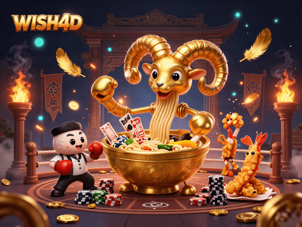 Experience the vibrant WISH4D casino scene filled with animated characters and game elements.