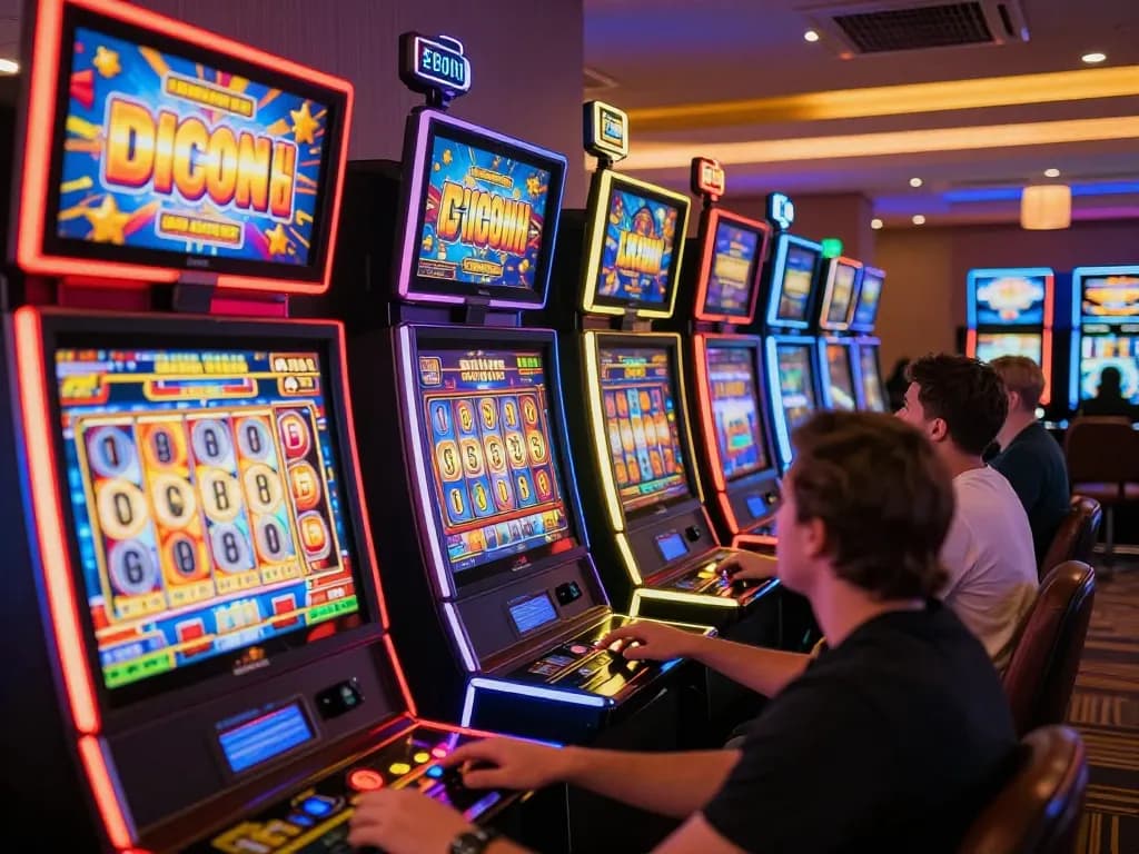 Exciting gameplay at colorful digital slot machines showcasing toto slot gacor experience, with players immersed in fun.