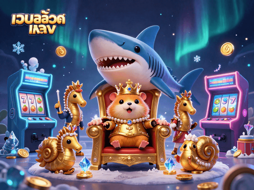 Play เว็บสล็อตตรง with a golden hamster king on a megalodon throne surrounded by vibrant gaming elements.
