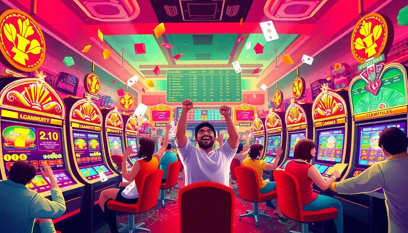 Exciting online gaming scene featuring https://98winmb.com/ with colorful slot machines and enthusiastic players.