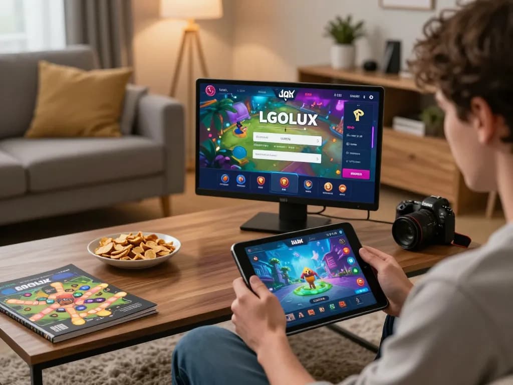 Engaging scene of a player using LGOLUX LOGIN on a tablet while immersed in a comfortable home gaming setup.