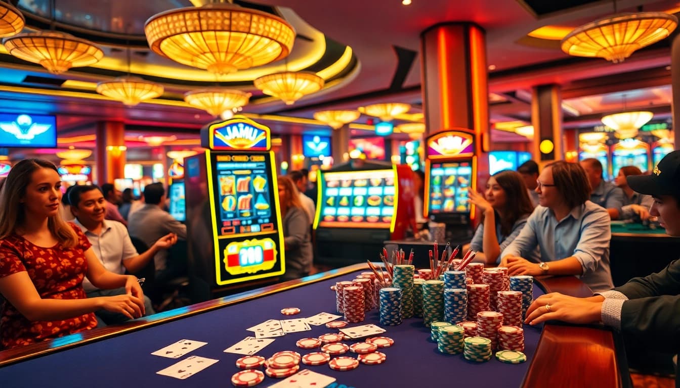Jamu slot yang memukau dikelilingi oleh kartu permainan di casino yang ramai.
