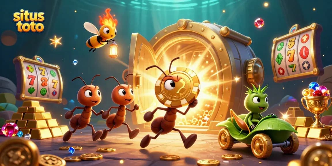 Ant 3D membawa chip poker emas di situs toto, dikelilingi simbol slot dan tumpukan emas.