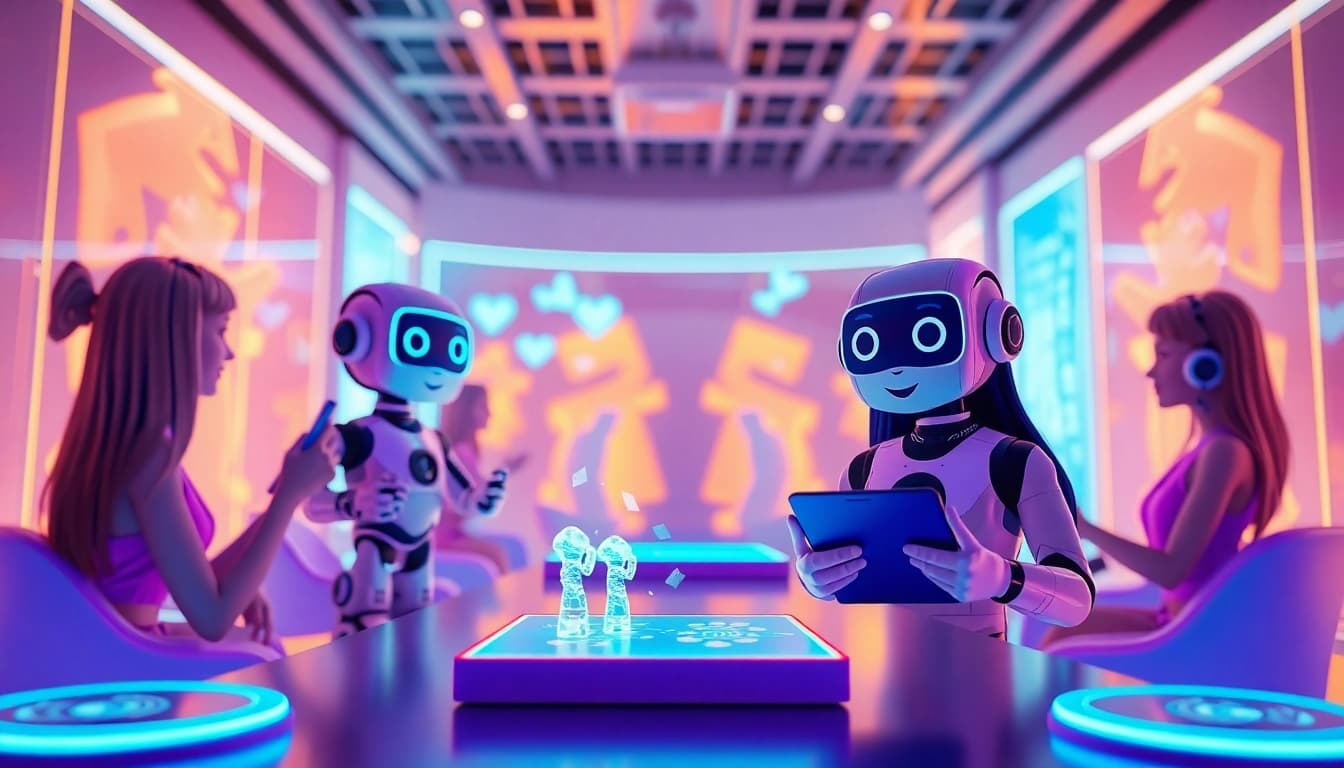 Engaging scene of Crush on AI interaction with animated chatbots in a futuristic setting.