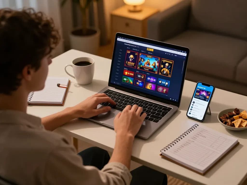 Engaging LLWIN online gaming scene showing a user intensely strategizing with a laptop and mobile app.