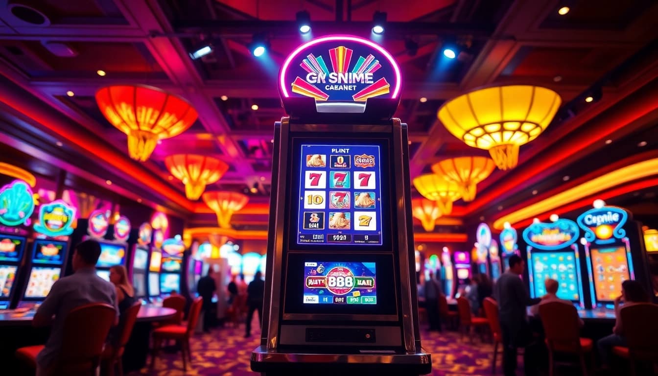Slot yang berwarna-warni mengundang pemain dalam suasana kasino yang ramai.