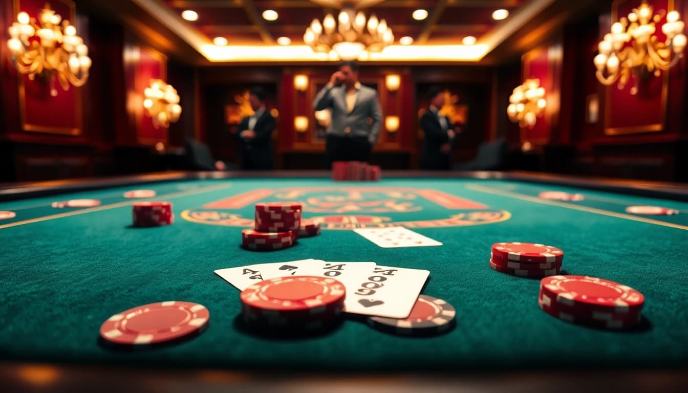 Miko69 memperlihatkan meja poker mewah dengan chip berwarna cerah dan suasana kasino mewah.