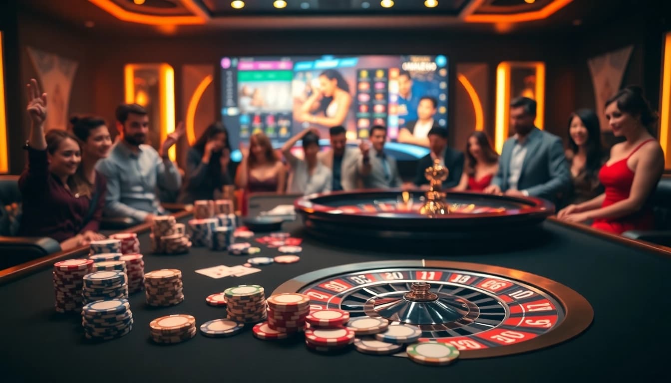 Experience the thrill of gambling at Trang chủ XX88 with vibrant casino tables showcasing cards and chips.