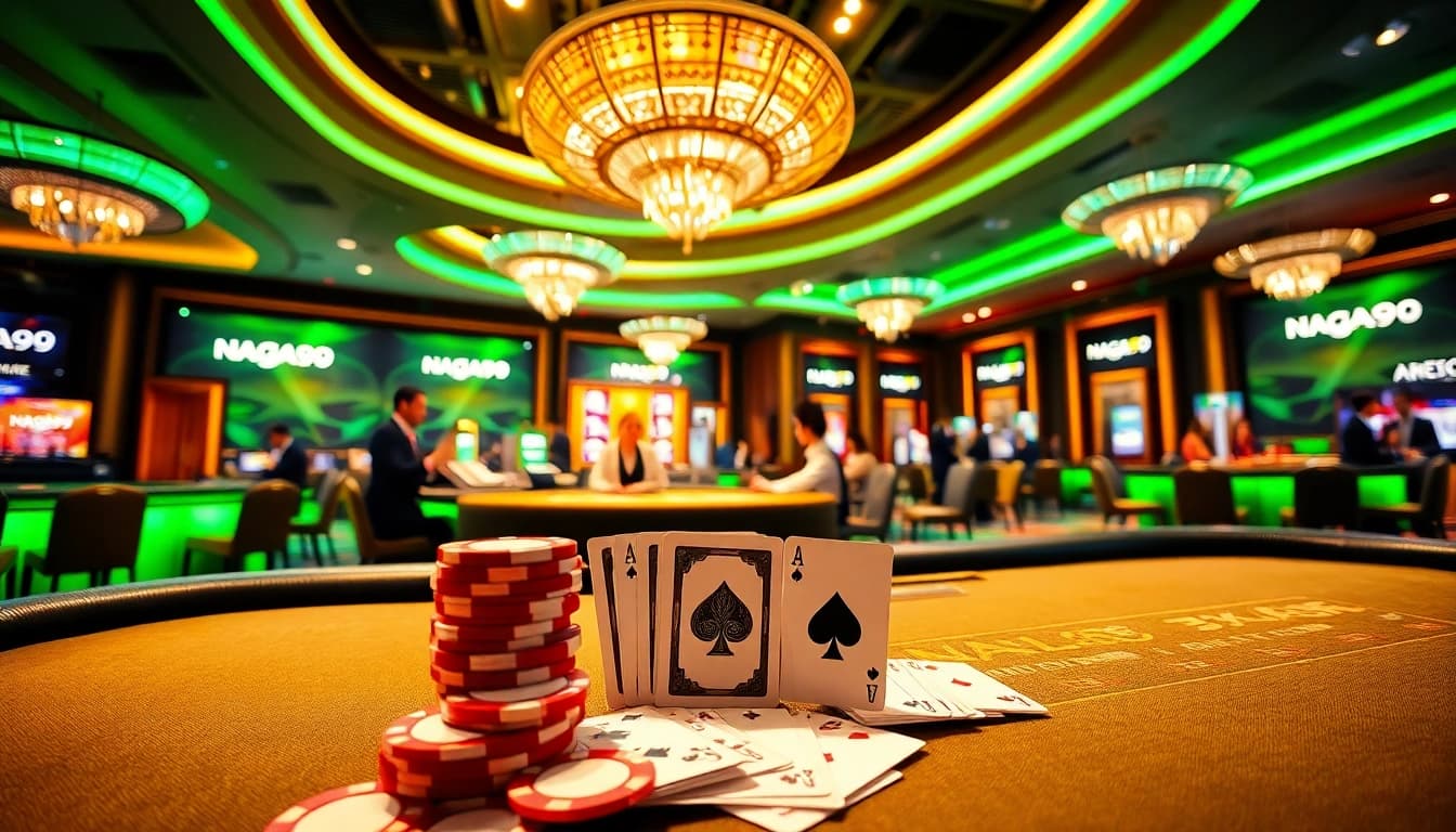 Naga99 players enjoy high-stakes blackjack at a vibrant casino table filled with poker chips.