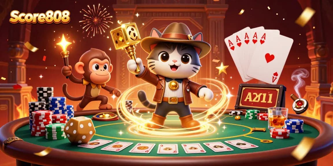 Score808 brings sports excitement alive with bright casino-themed visuals featuring a cat archaeologist.