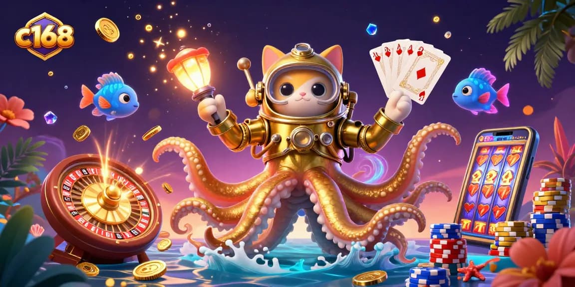 C168 rewards players with a scene of a kraken, diving cat, and vibrant casino treasures.
