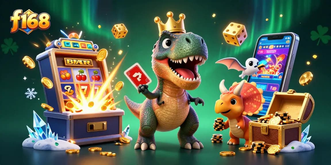 Experience thrilling gaming with f168's dynamic 3D cartoon scene featuring iconic T-Rex and casino symbols.