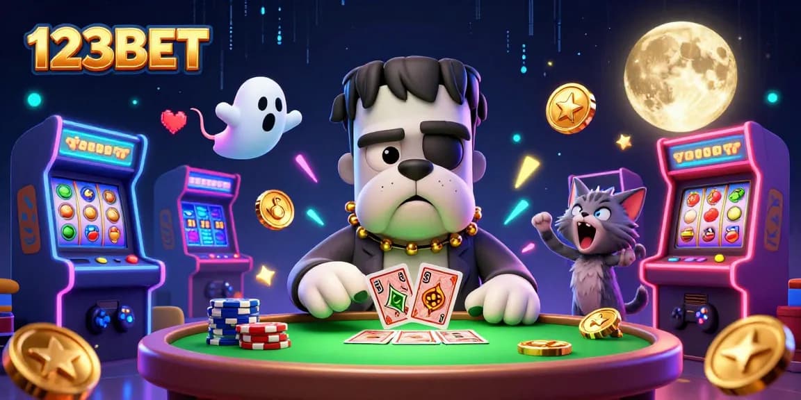 Experience the thrill of 123BET with a lively 3D cartoon scene showcasing casino gaming and excitement.
