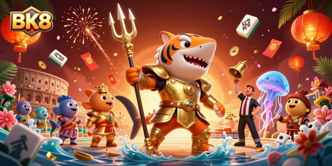 Engage in thrilling gameplay with BK8's dynamic underwater casino scene featuring a fierce tiger shark.