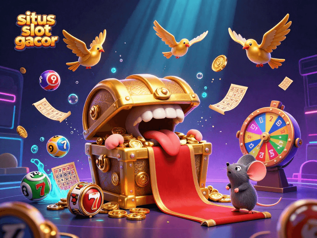 Engage with situs slot gacor in a vibrant 3D cartoon scene featuring a treasure chest and dynamic lottery elements.