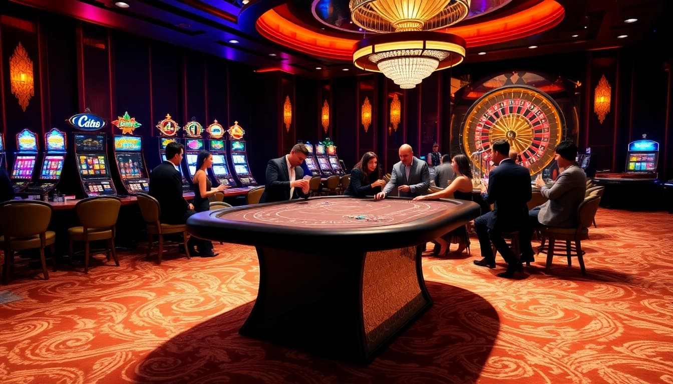 Excited gamblers play at a luxurious C 168 poker table in a vibrant casino atmosphere.