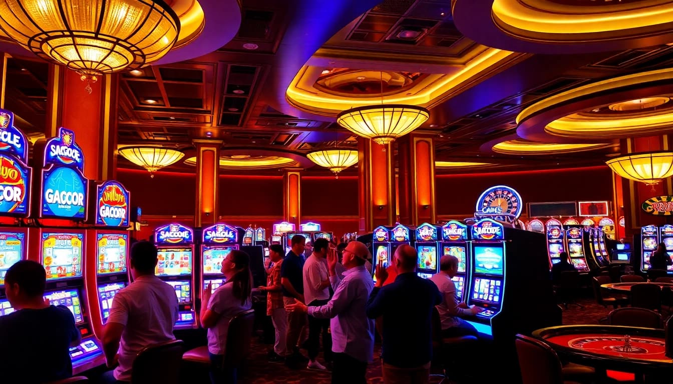 Gamblers enjoying their time at vibrant slot gacor machines in a luxurious casino setting.