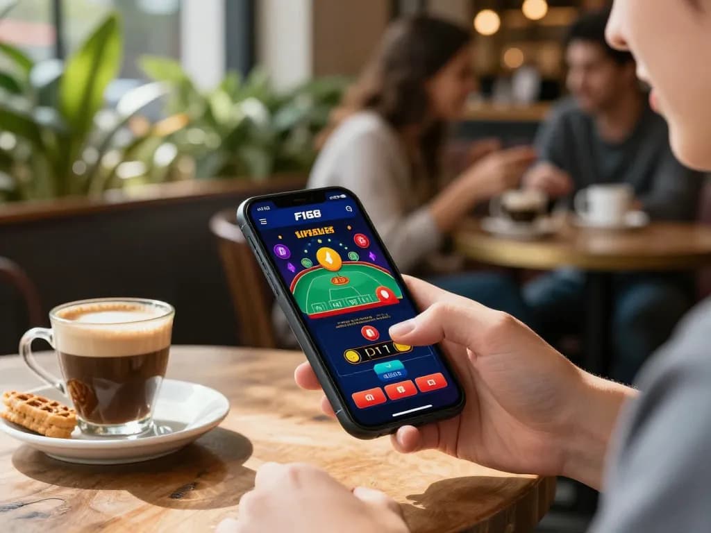 Experience the thrill of F168 VIP gaming on-the-go with a live dealer app in a cozy cafe.