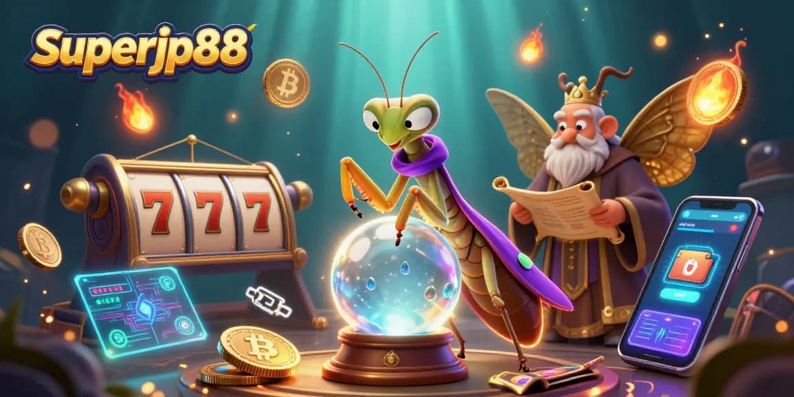 Experience thrilling wins with superjp88's dynamic casino scene featuring slot reels and vibrant characters.