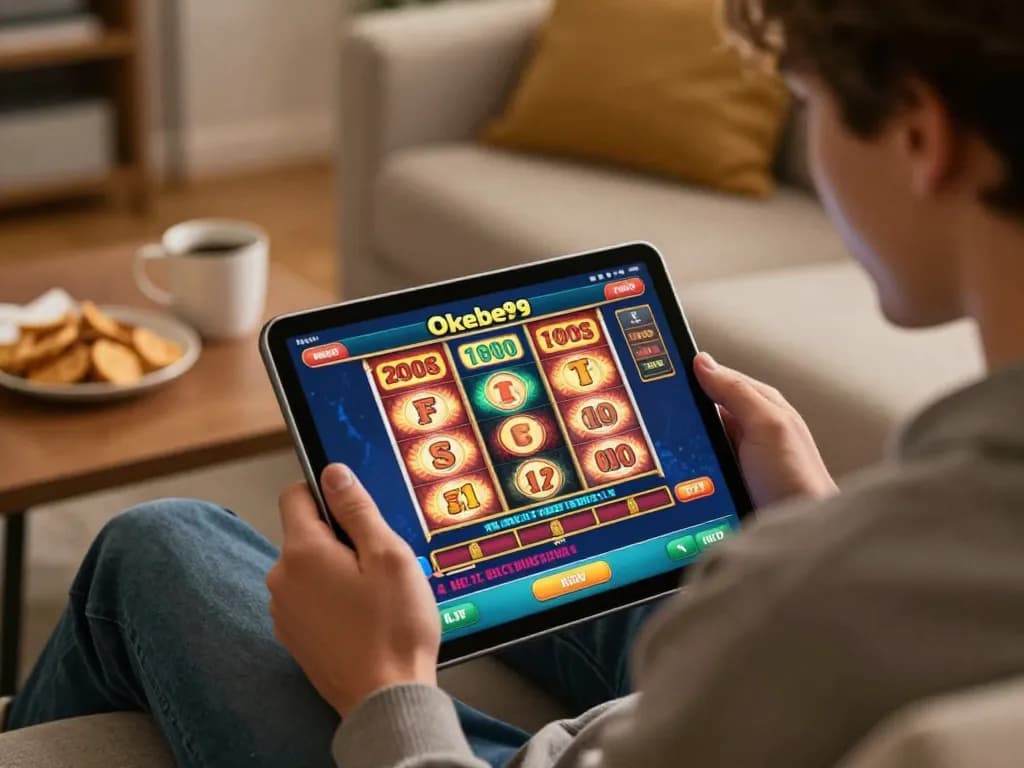Pemain terlibat dalam permainan mendebarkan di aplikasi Okebet99, menampilkan grafis slot yang menarik.