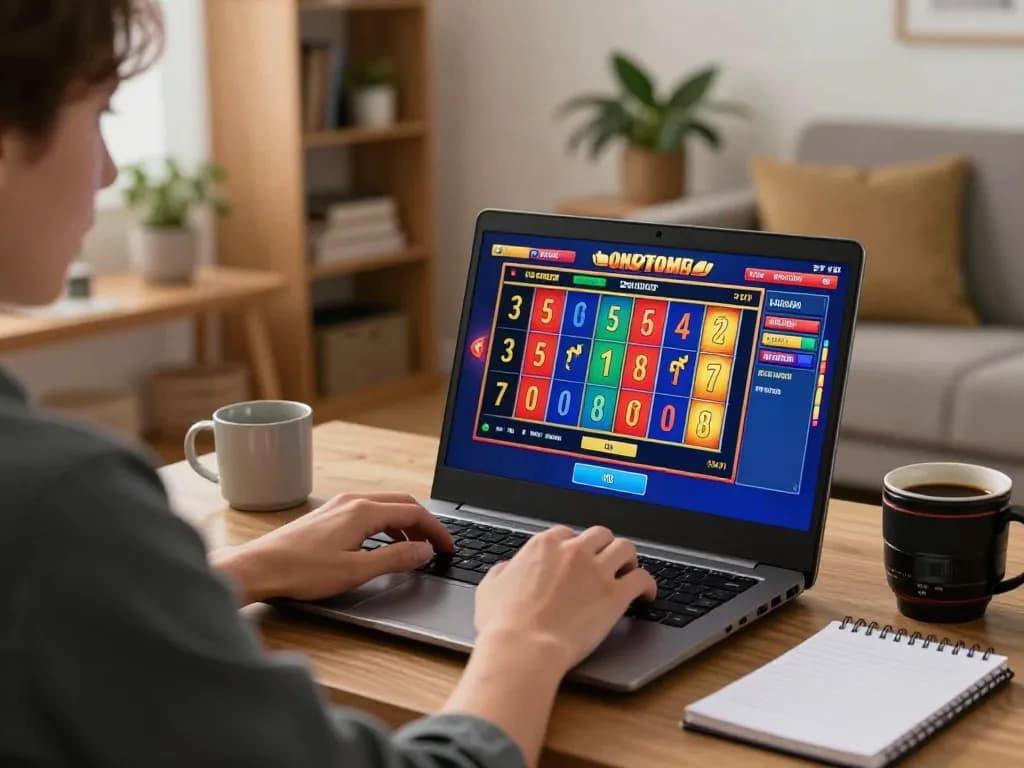 Engaging in online slot gaming while planning strategies in a cozy home environment.