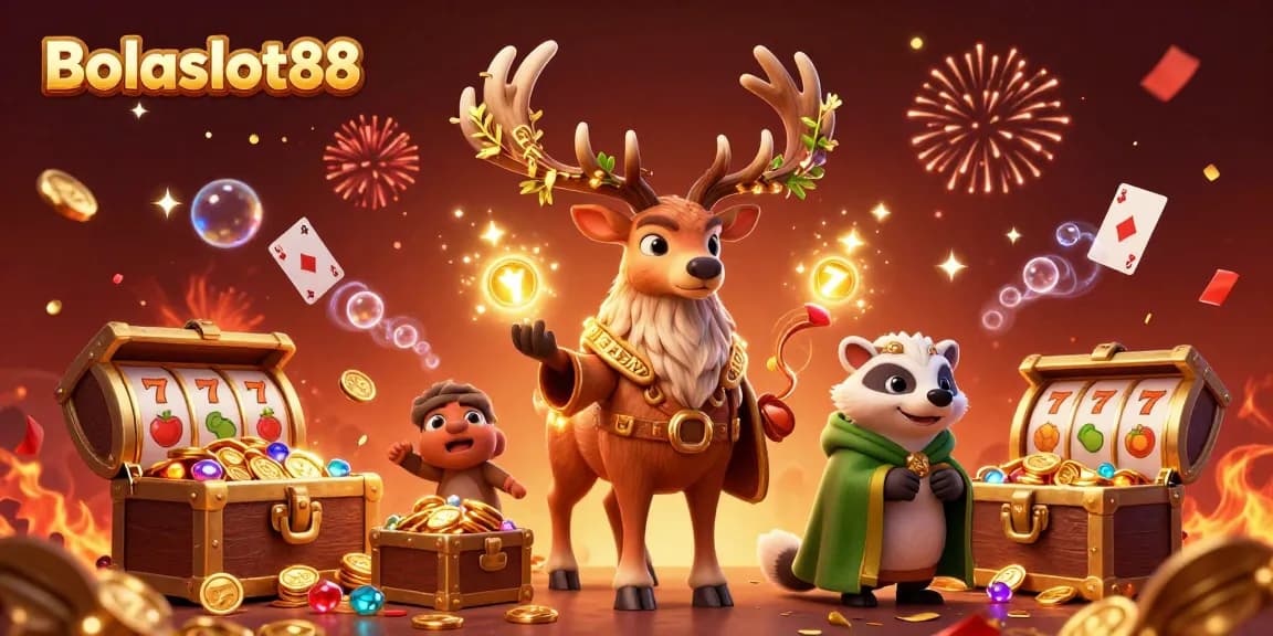 Bolaslot88 showcases a vibrant, interactive casino scene featuring slot games, treasure, and mystical characters.