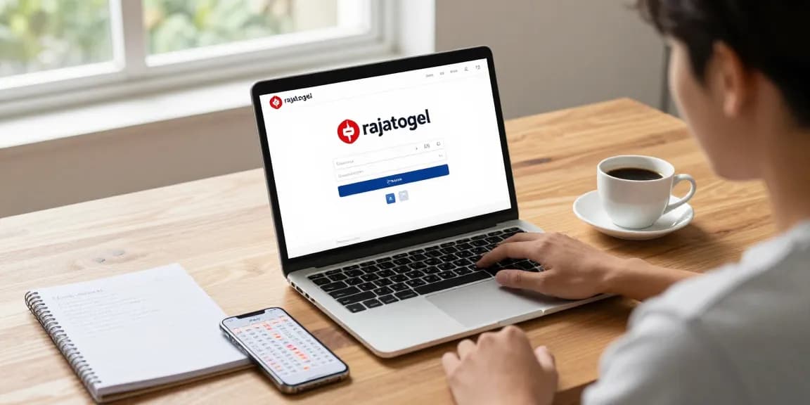 Pengguna melakukan rajatogel login di platform togel online modern dengan alat lotere di meja kerja.