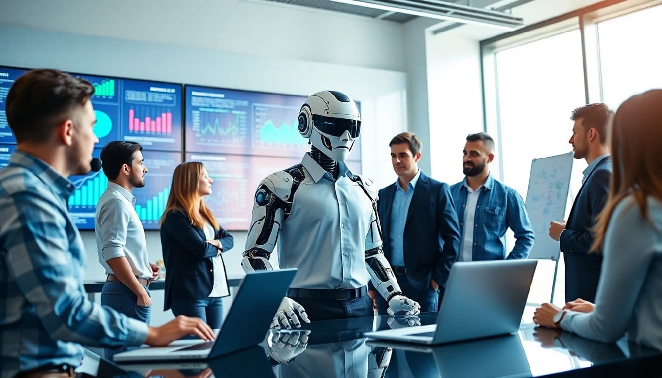 AI Employee collaborating in a vibrant office space, showcasing innovative teamwork and productivity.