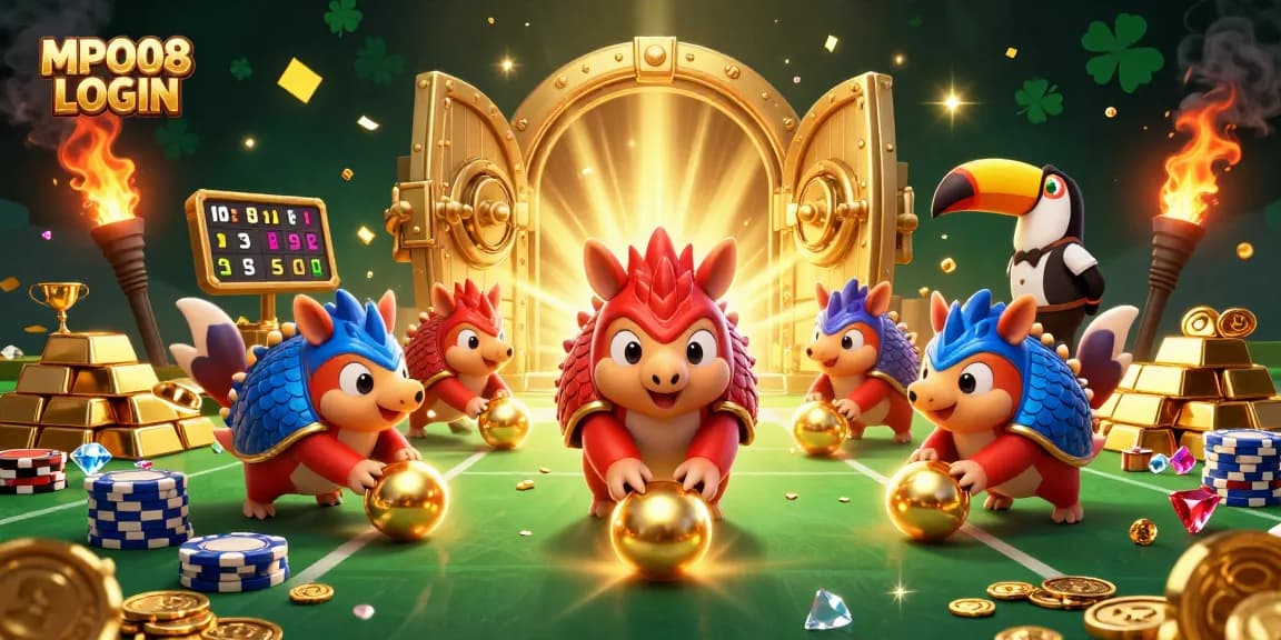 Engage with MPO08 LOGIN as rival pangolins celebrate a casino showdown, surrounded by gold and jewels.
