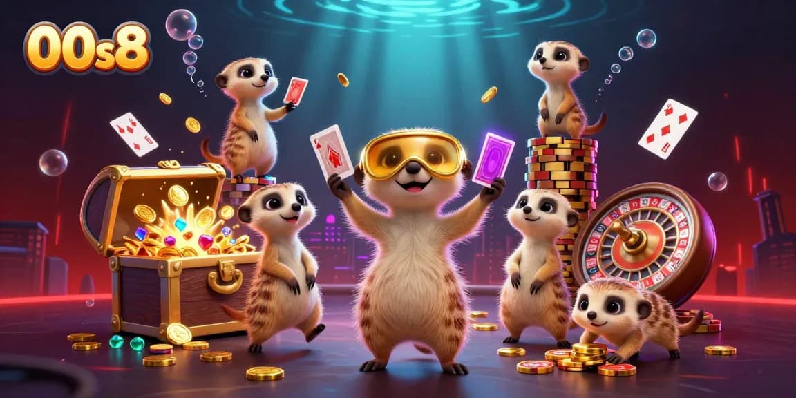 Experience the thrill of 00s8 with meerkats managing a lively casino, featuring games and treasures.