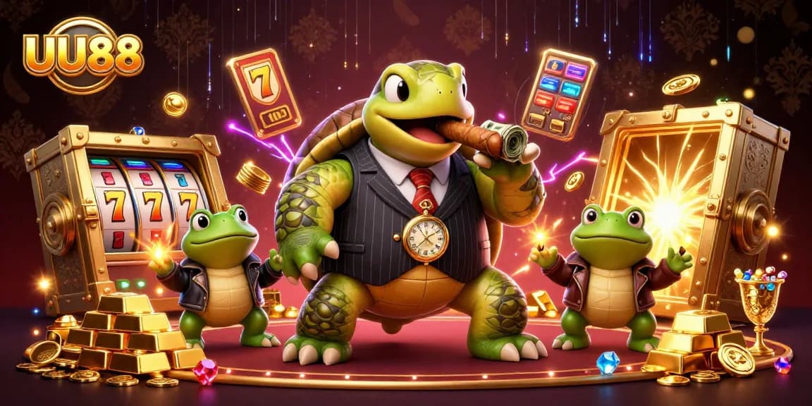UU88 slots scene featuring a cartoon turtle and bullfrogs, jackpot excitement with gold treasures.