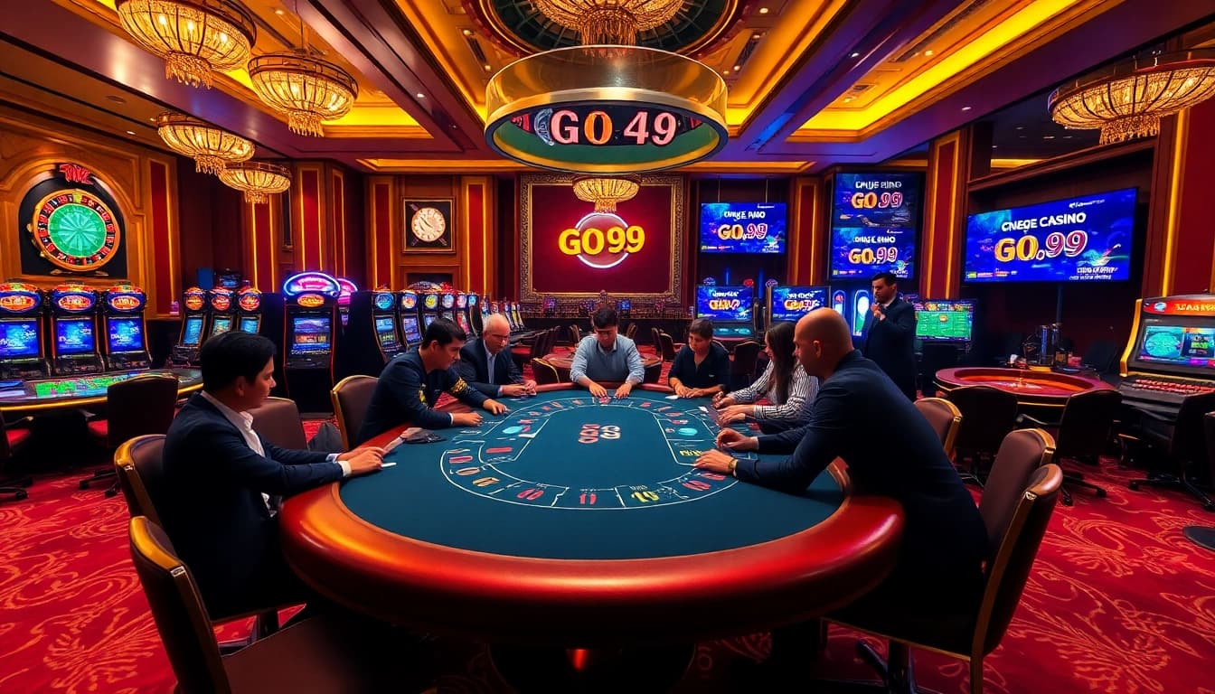 Experience high-stakes gaming at go 99 with an exciting poker table set in a luxurious casino ambiance.