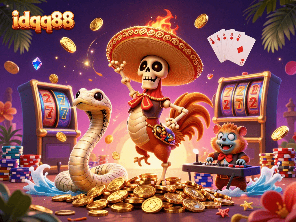 Join the celebration at idqq88 with a vibrant mariachi rooster and golden coins in this captivating casino scene.