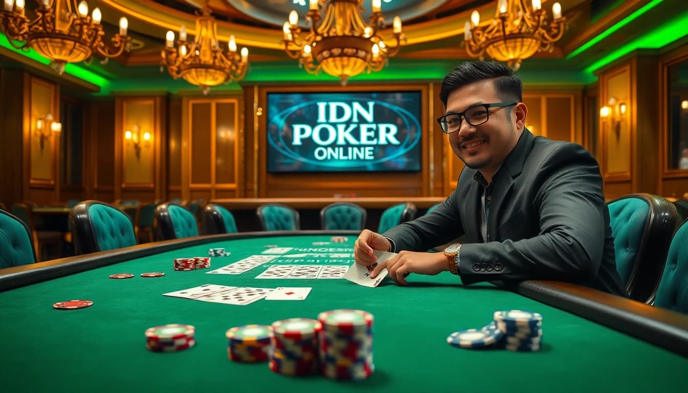 Experience the thrill of idn poker online with an exciting casino atmosphere featuring a vibrant poker game setup.