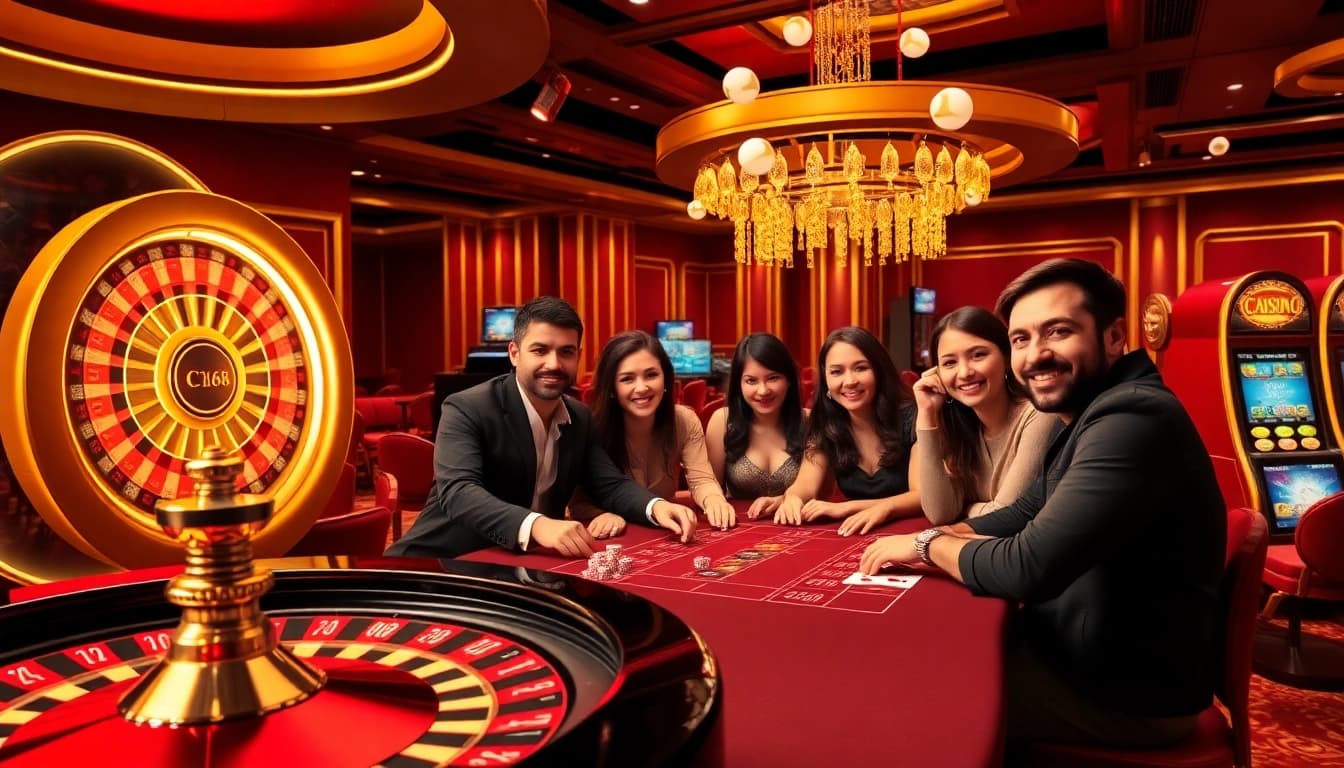 Engaged players at C 168 casino table, showing excitement and luxury in online gambling.