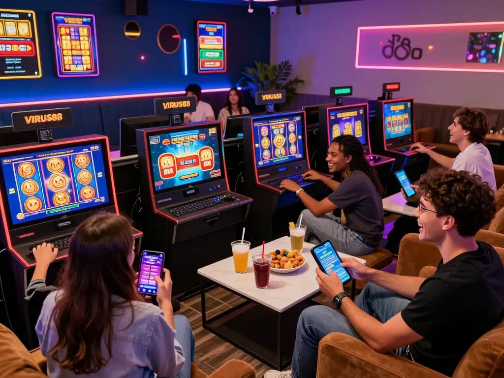 Sekelompok teman menikmati slot online VIRUS88 di ruang permainan yang dinamis.
