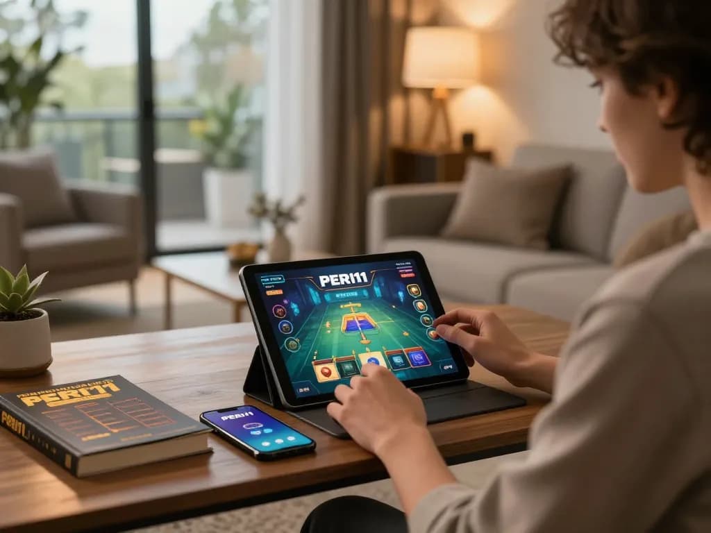 Engaging in online PERI11 gaming, a player immersed in strategy and gameplay in a cozy room.