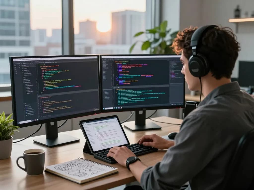 Young software developer using Crush AI in a modern coding workspace with dual monitors and a city skyline.